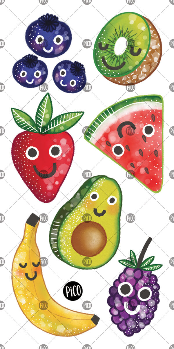 PiCO Tatoo, fruits temporary tattoos. Banana, pineapple, orange, strawberry, blueberry, kiwi and avocado.