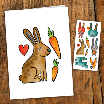 carte de souhait pour anniversaire d'enfant comprenant un tatouages temporaire avec des lapins mignon pour paques imprimé au Québec par PICO