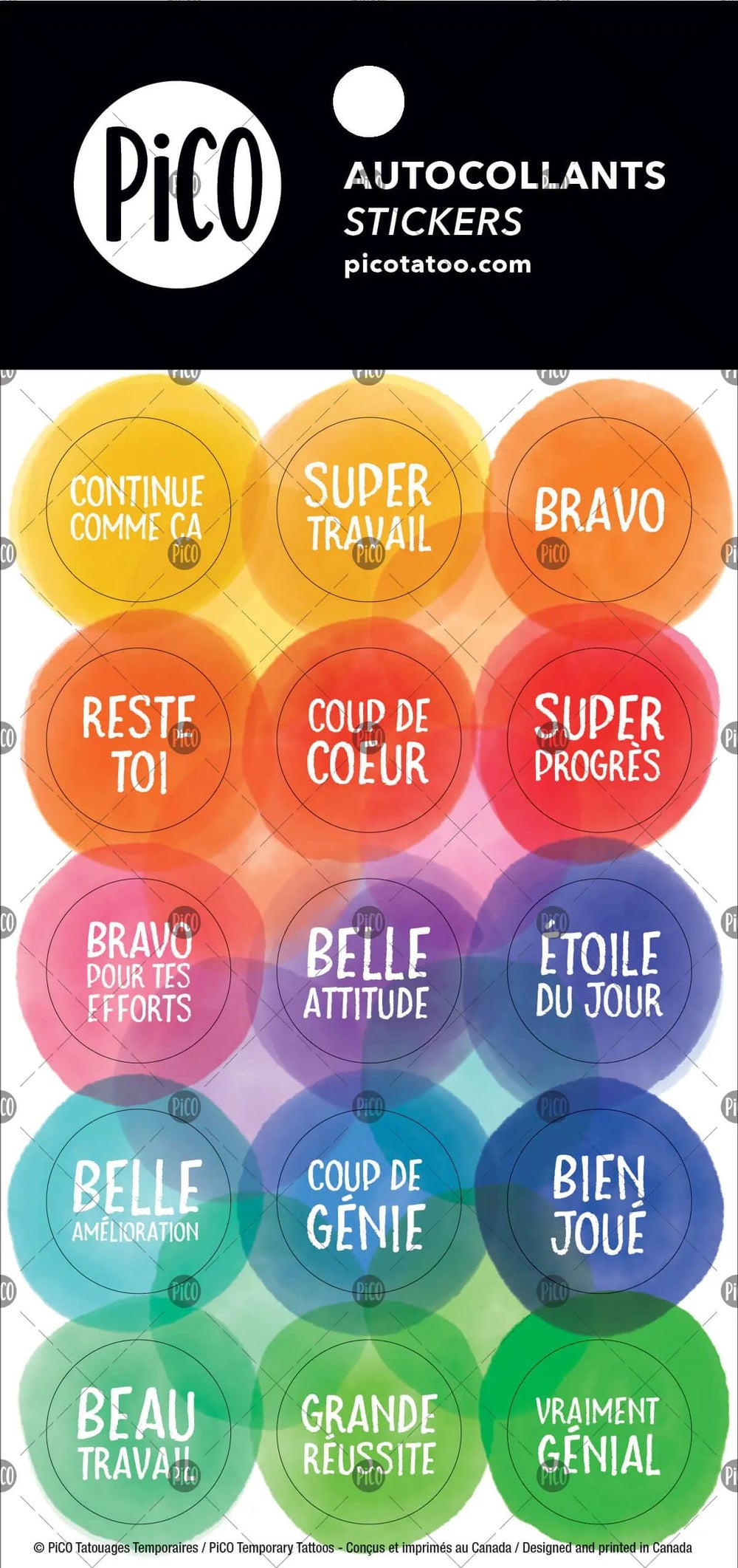 Autocollants de mots d'encouragement faits au Québec par PiCO tatouages temporaires