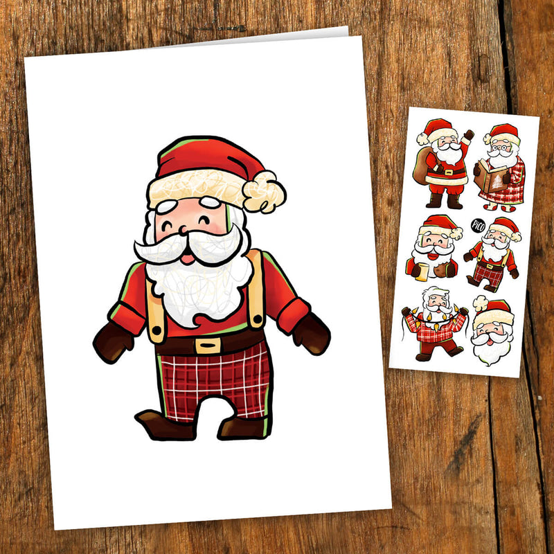 Carte de souhaits du Père Noël en pyjama, avec des tatouages temporaires, par PiCO Tatoo
