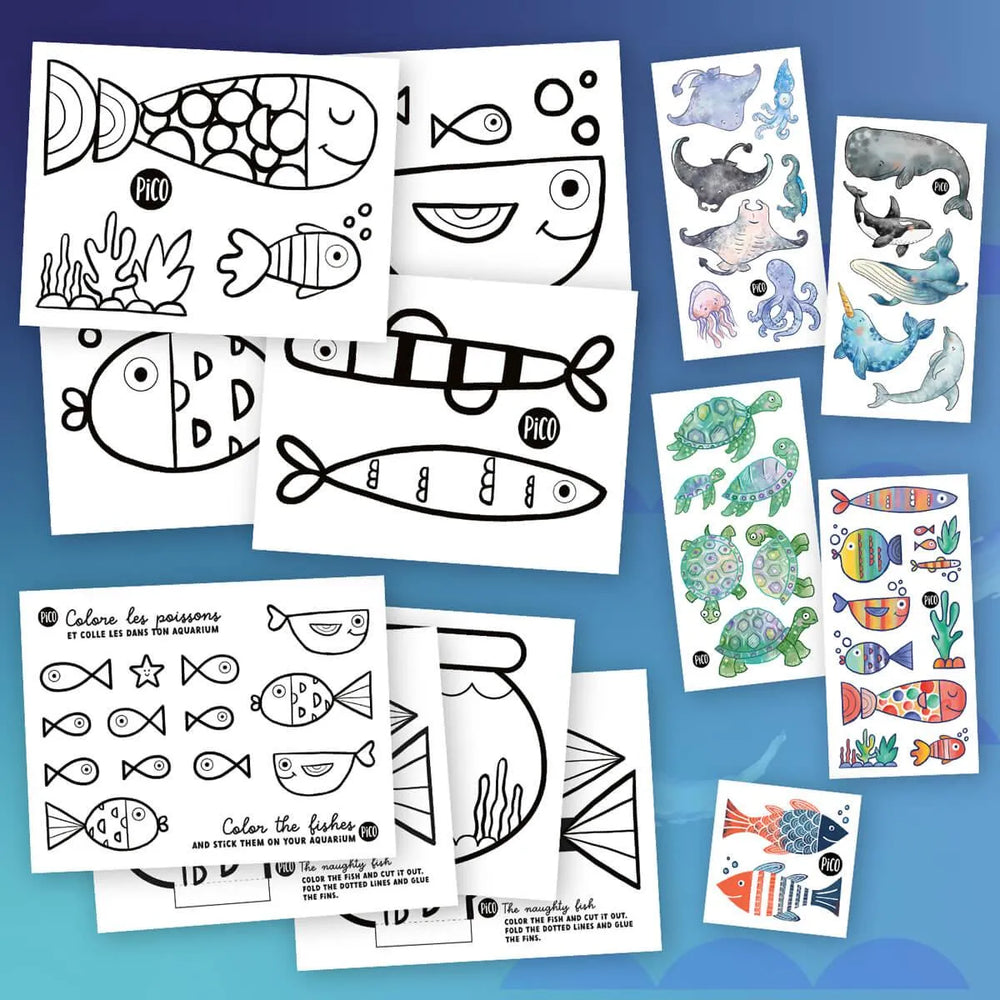 Ensemble surprise Sous l'eau, créé par PiCO Tatouages temporaires. Coloriages et tatouages temporaires. Dessins créés au Québec.