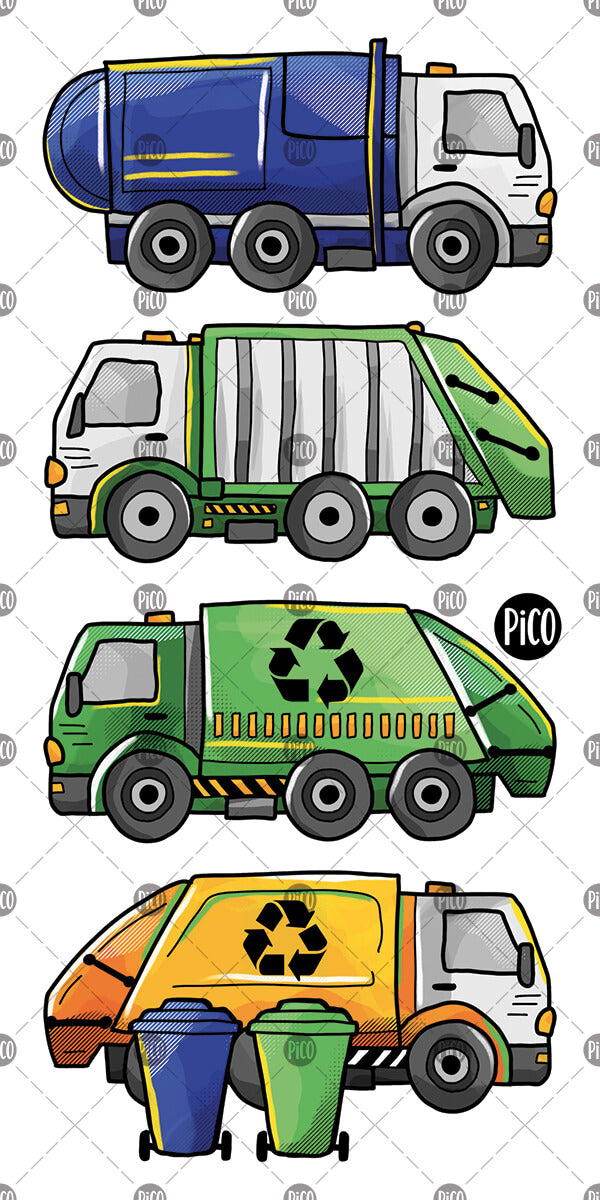 Tatouages temporaires de camions de recyclage colorés faits par PiCO Tatoo